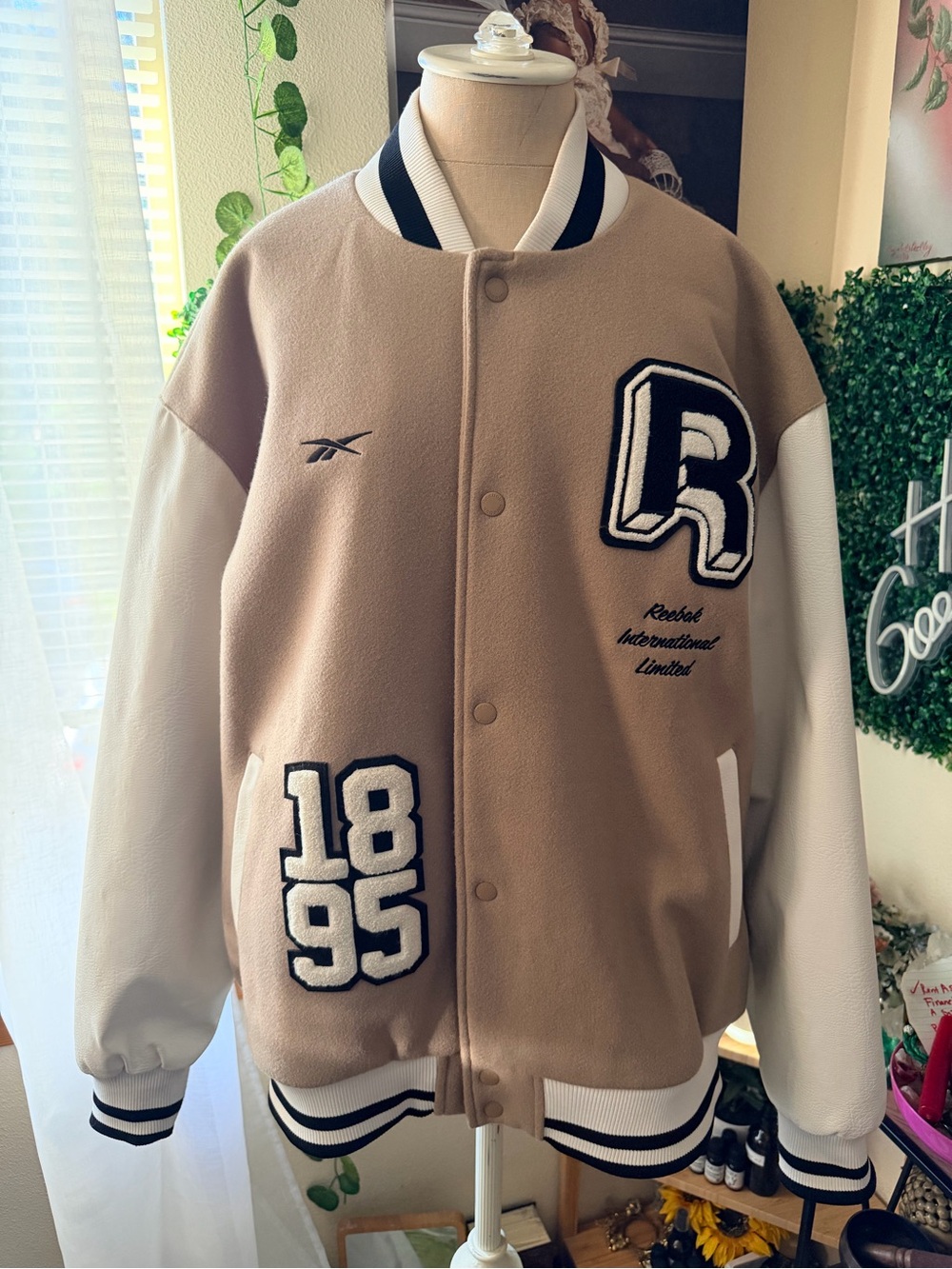 Reebok Beige and White Varsity Bomber Jacket